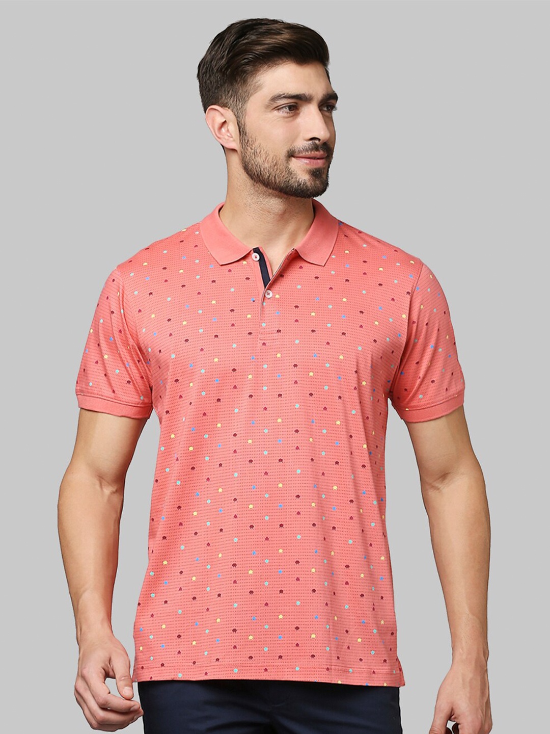 

Park Avenue Men Peach-Coloured Printed Polo Collar Slim Fit T-shirt