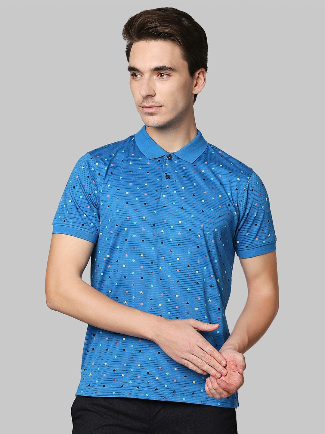 

Park Avenue Men Blue Printed Polo Collar Slim Fit Cotton T-shirt