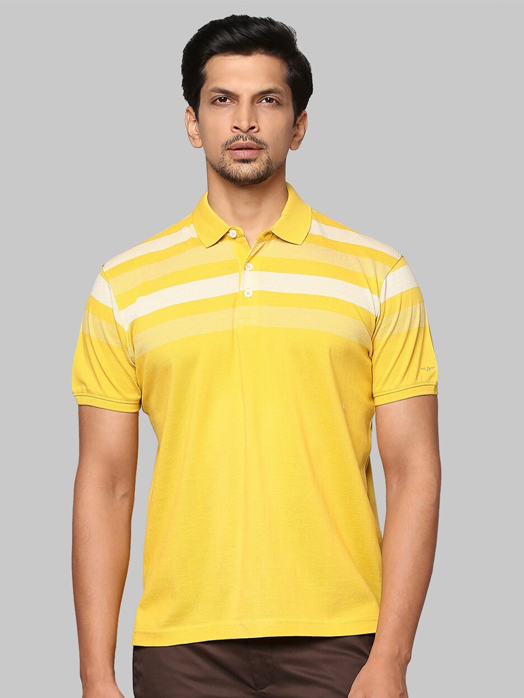 

Park Avenue Men Yellow & White Striped Polo Collar Cotton Slim Fit T-shirt