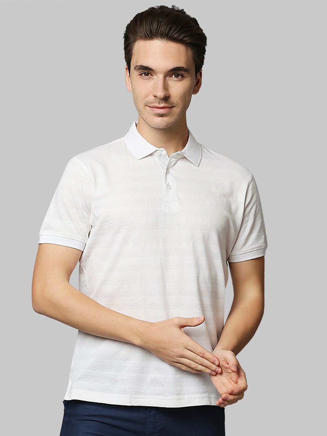 

Park Avenue Men White Striped Polo Collar Slim Fit Cotton T-shirt