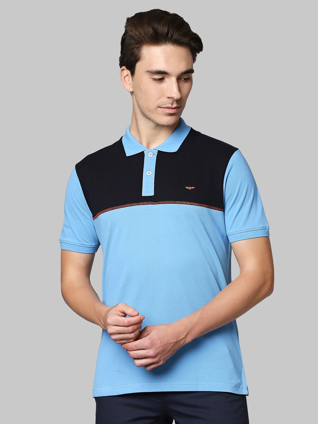 

Park Avenue Men Blue Colourblocked Polo Collar Cotton Slim Fit T-shirt