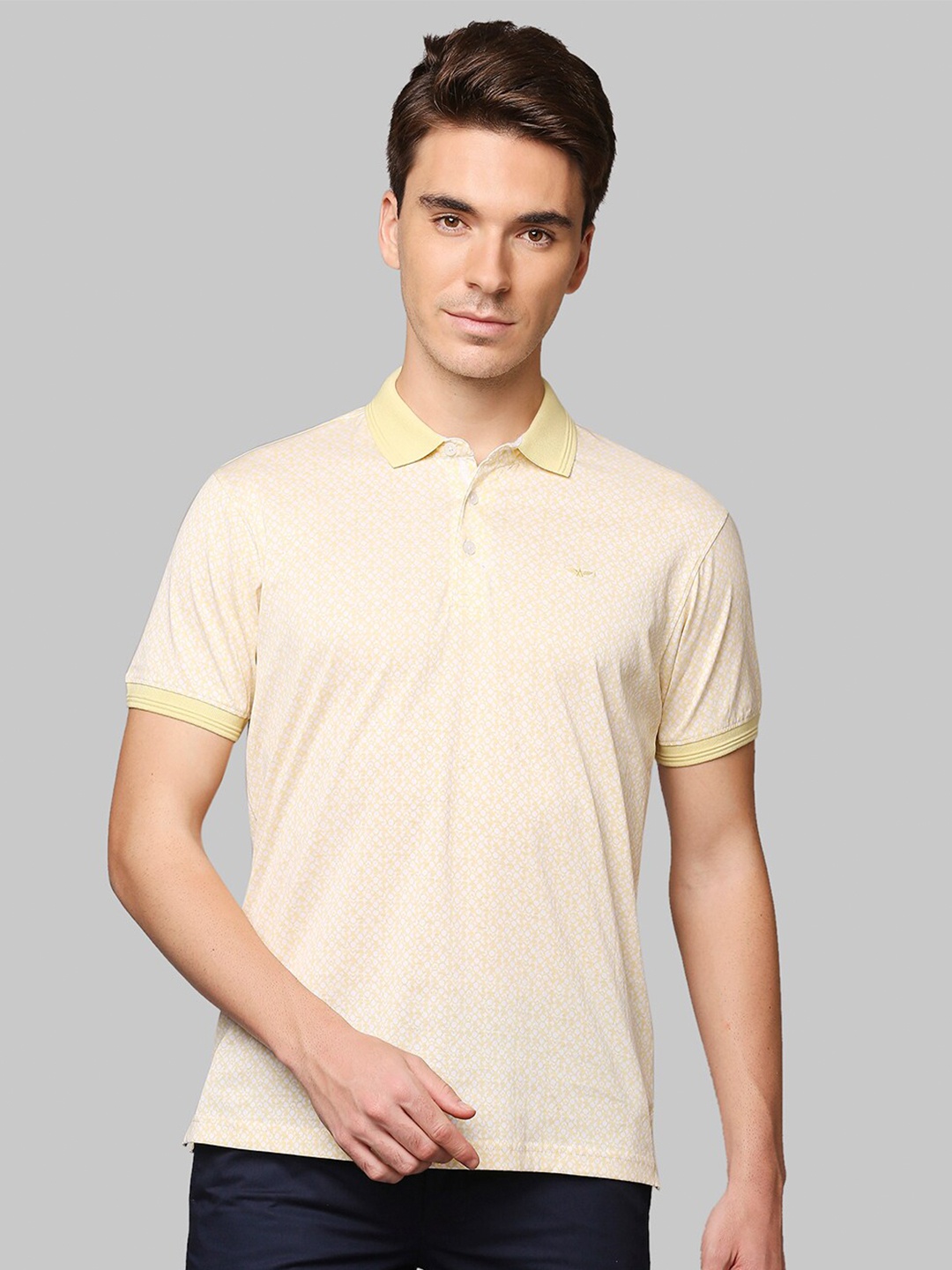 

Park Avenue Men Yellow & White Floral Polo Collar Tropical Cotton Slim Fit T-shirt