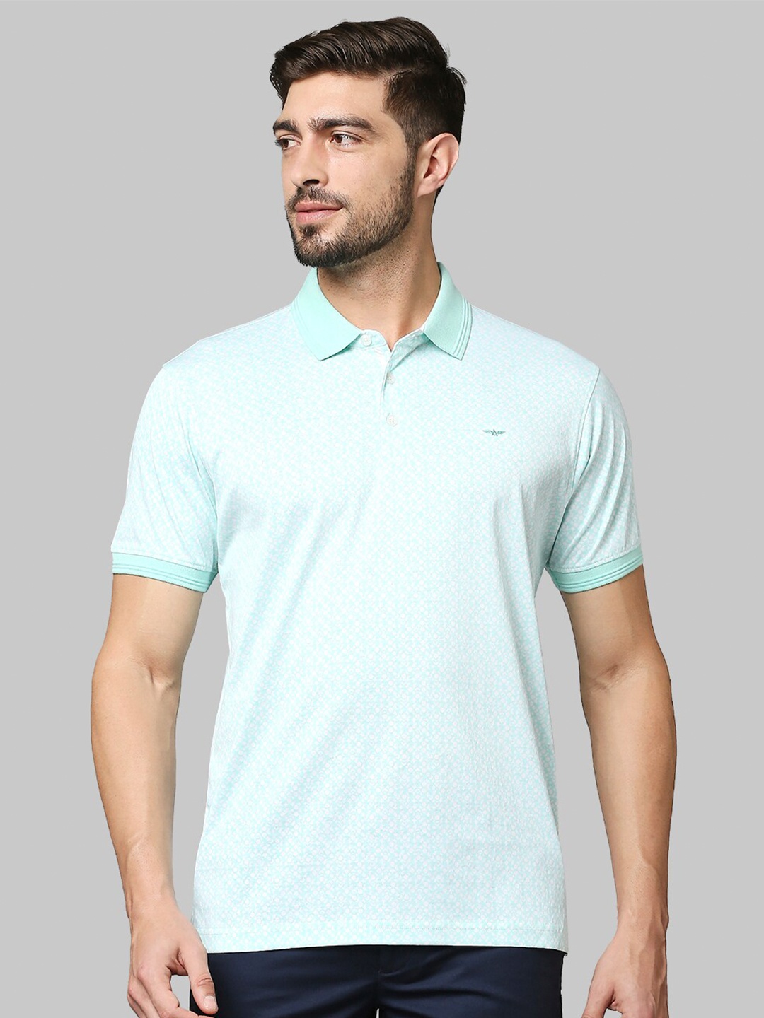 

Park Avenue Men Green & White Printed Polo Collar Slim Fit Cotton T-shirt