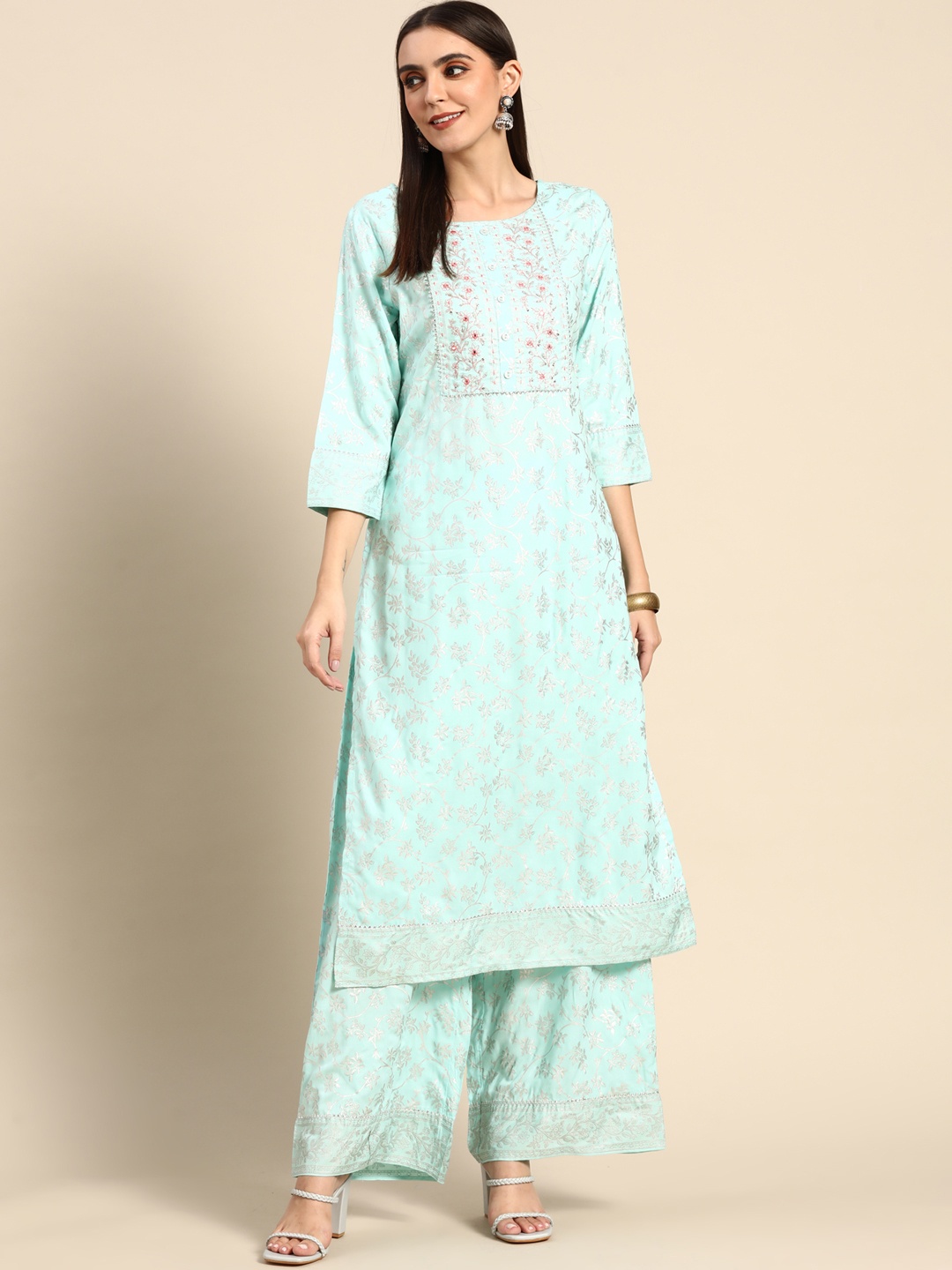 

Anouk Women Blue Ethnic Motifs Printed Thread Work Kurta with Palazzos