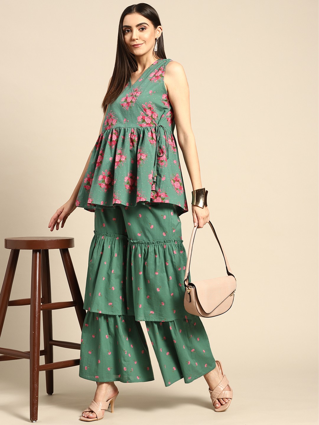 

Anouk Women Green &Pink Floral Printed Angrakha Pure Cotton Kurti with Sharara