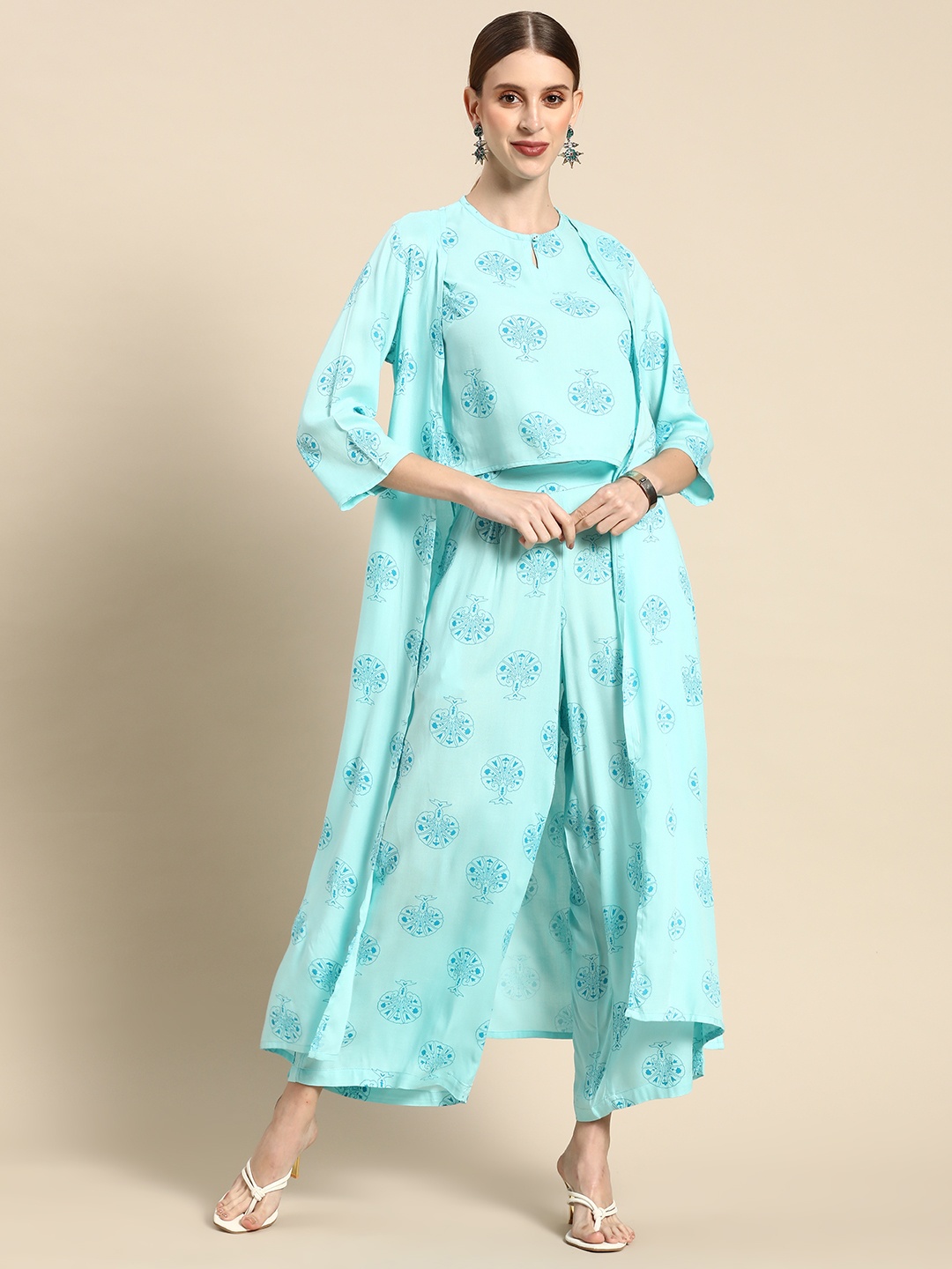 

Anouk Women Turquoise Blue Floral Print Layered Top with Palazzos