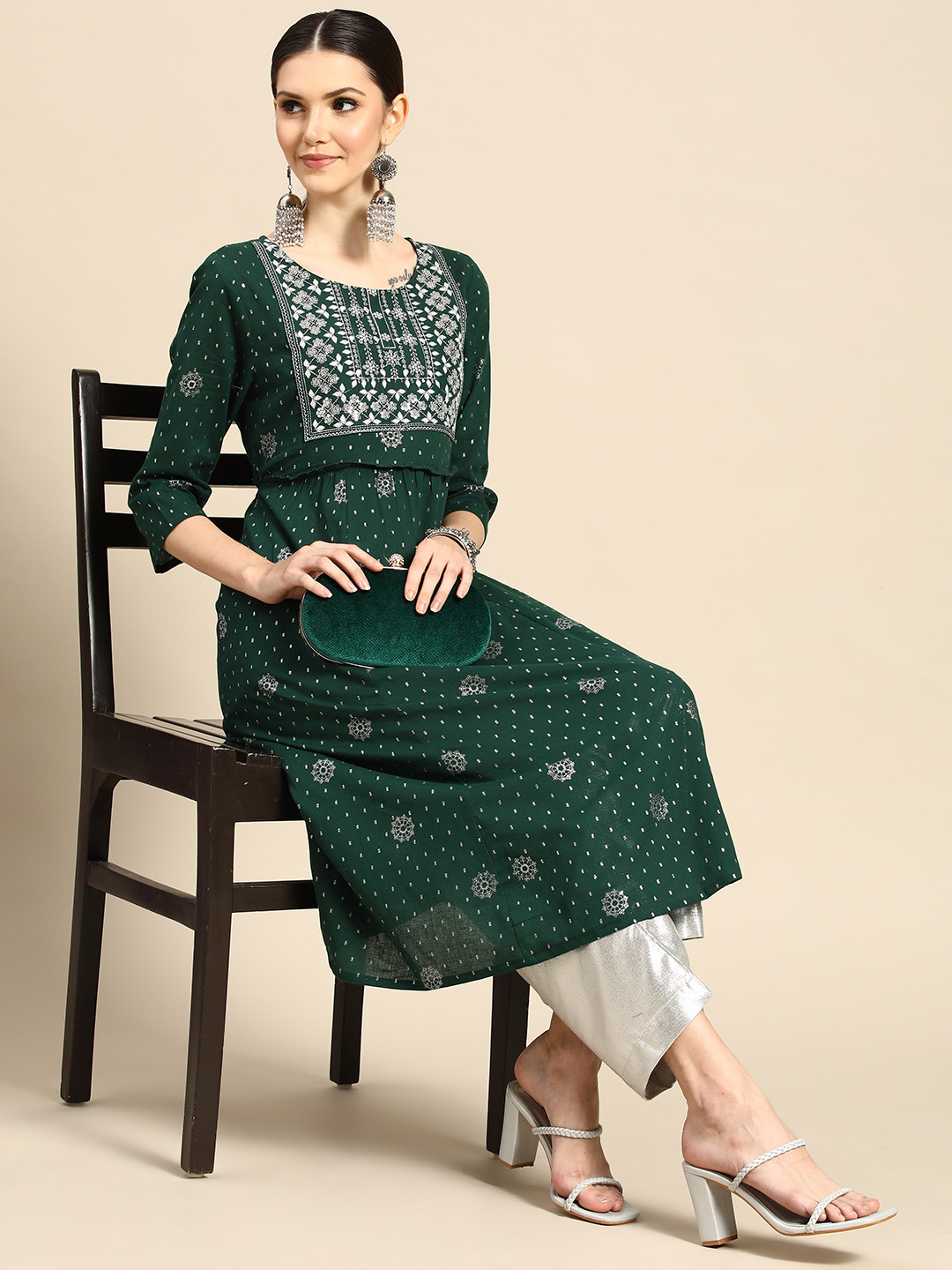 

Anouk Women Green & Silver Ethnic Motifs Printed Cotton Kurta