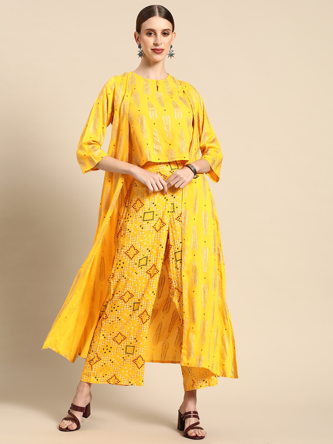 

Anouk Women Yellow & Golden Ethnic Motifs Printed Co-Ord Set Comes With a Shrug