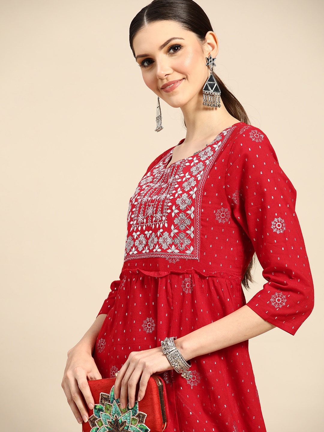 

Anouk Women Red & Silver Ethnic Motifs Printed Cotton Kurta