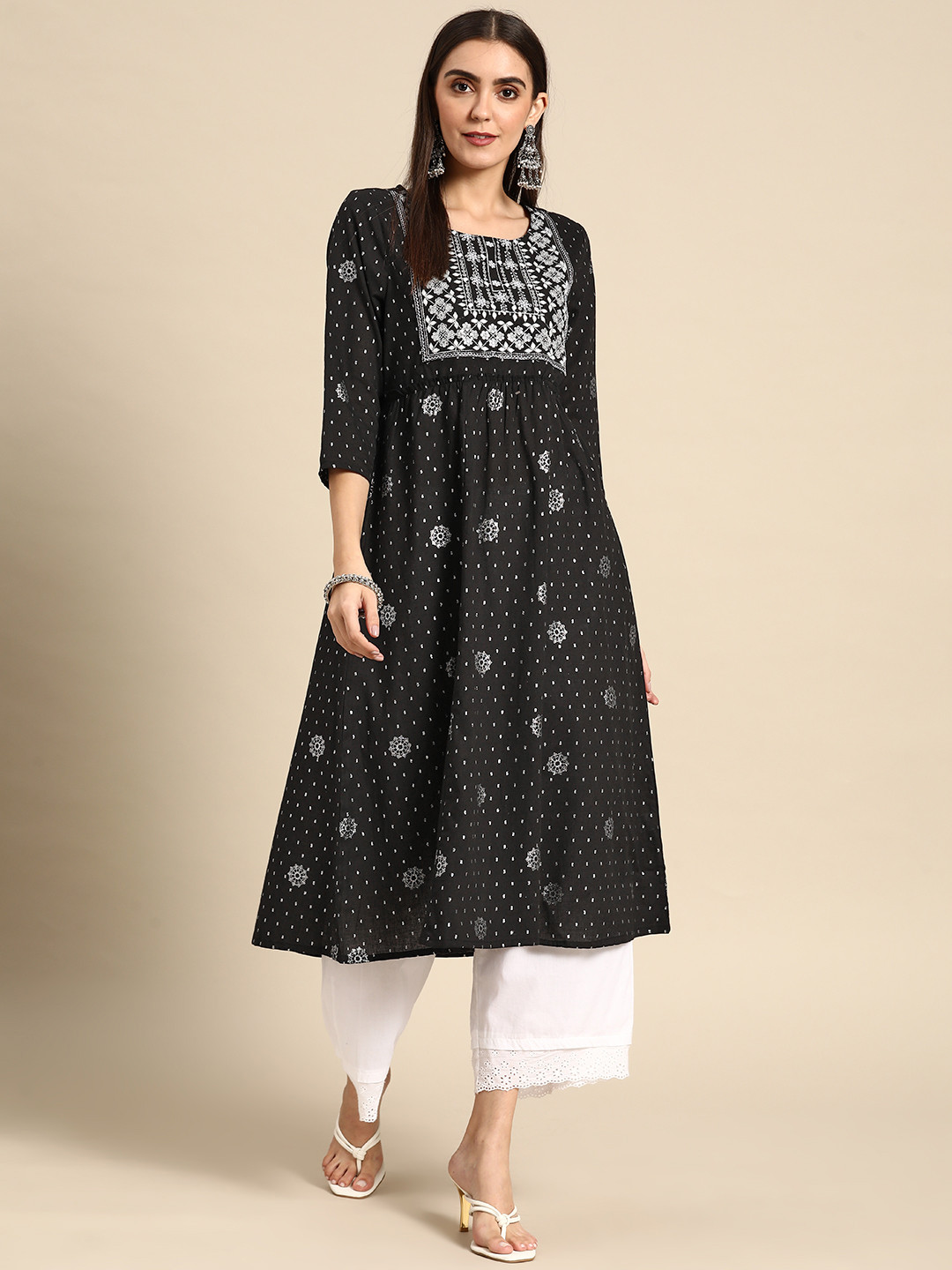 

Anouk Women Black & Silver Ethnic Motifs Embroidered Sequin Work A-Line Kurta