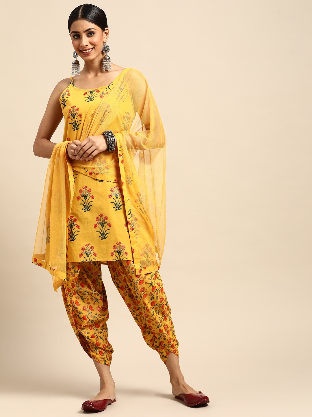 

Anouk Women Mustard Yellow Printed Pure Cotton Kurta with Dhoti Pants & Dupatta