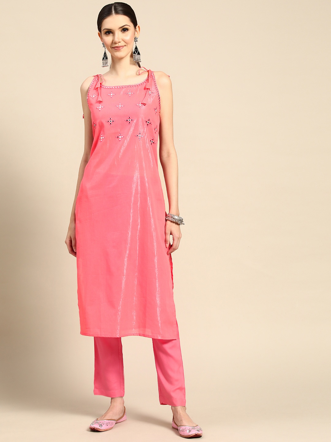 Anouk Women Pink Embroidered Mirror Work Kurta with Trousers