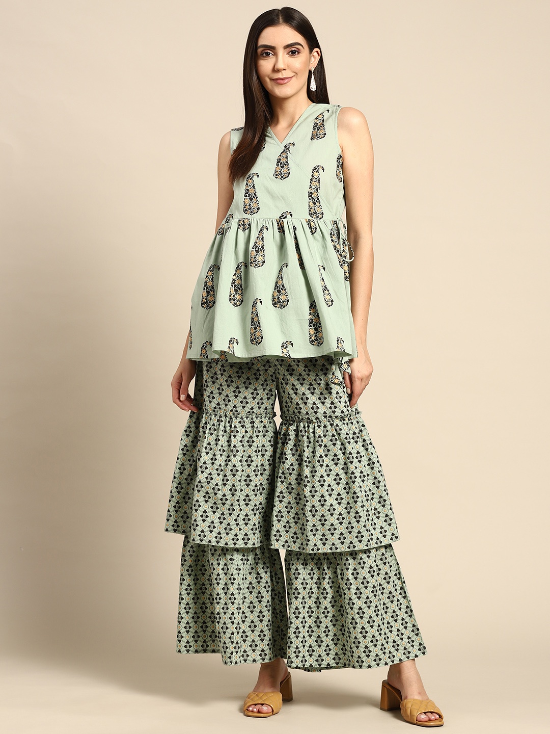 

Anouk Women Green Ethnic Motifs Printed Angrakha Pure Cotton Kurti with Sharara