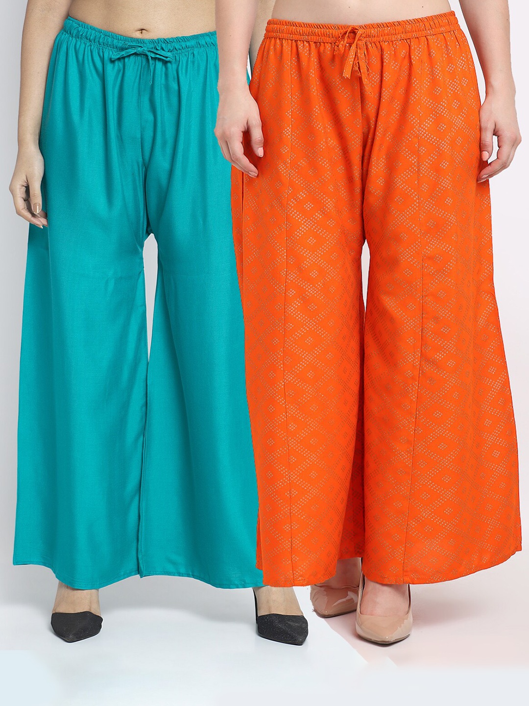 

Jinfo Women Green & Orange Set Of 2 Printed Flared Knitted Palazzos