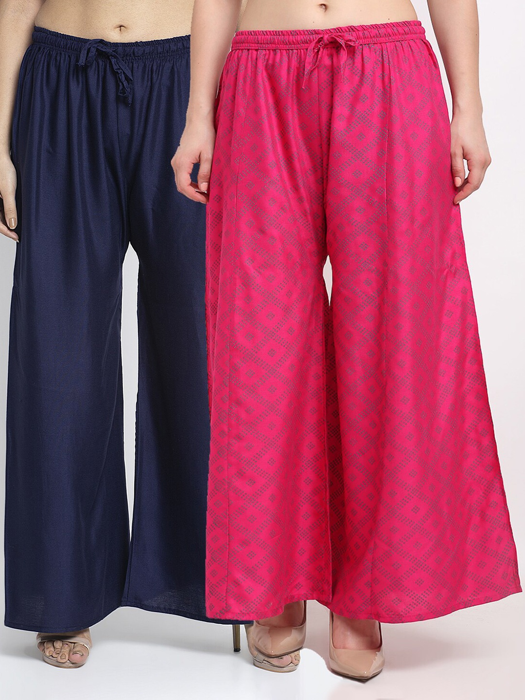 

Jinfo Women Pack of 2 Printed Flared Knitted Ethnic Palazzos, Navy blue