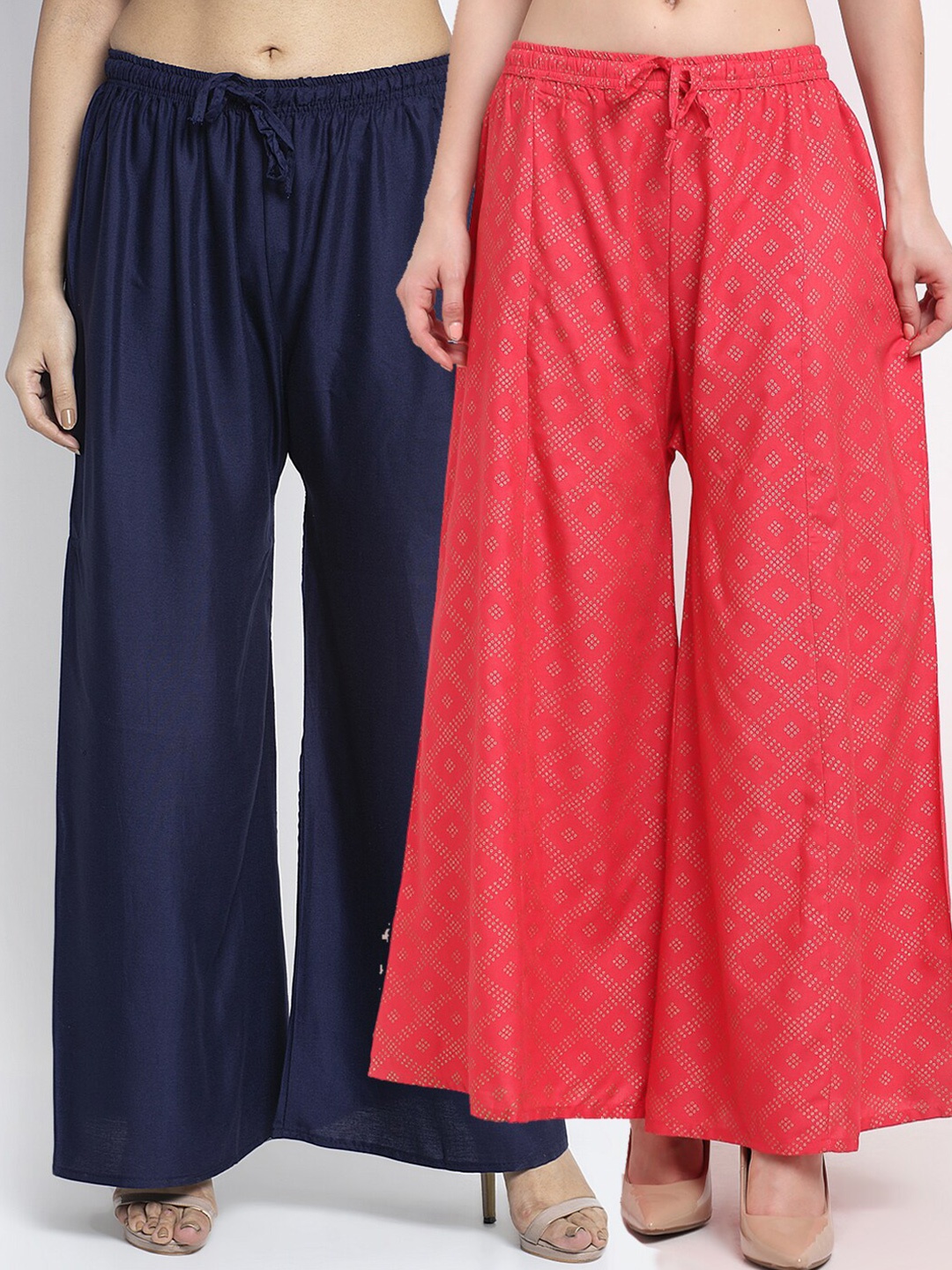 

Jinfo Women Pack of 2 Navy Blue & Coral Red Ethnic Palazzos