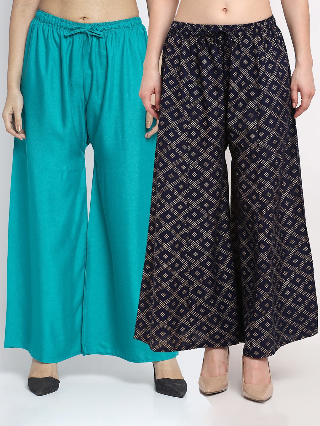 

Jinfo Women Pack Of 2 Green & Navy Blue Printed Flared Knitted Ethnic Palazzos