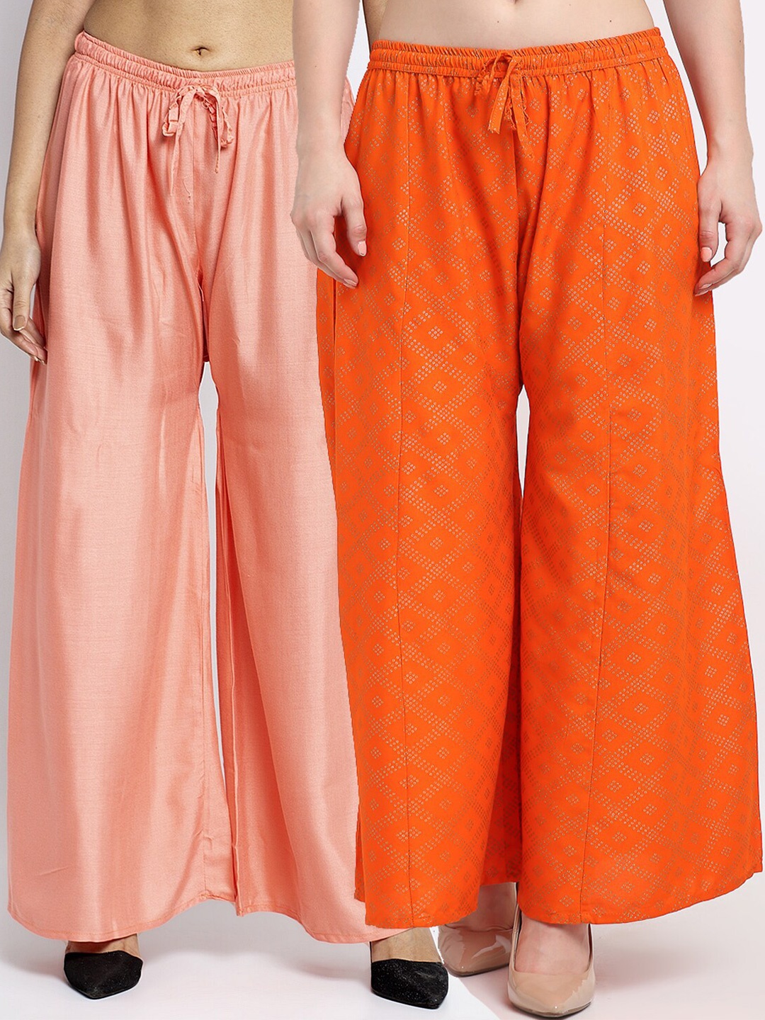 

Jinfo Women Set Of 2 Peach-Coloured & Orange Printed Flared Fit Palazzos