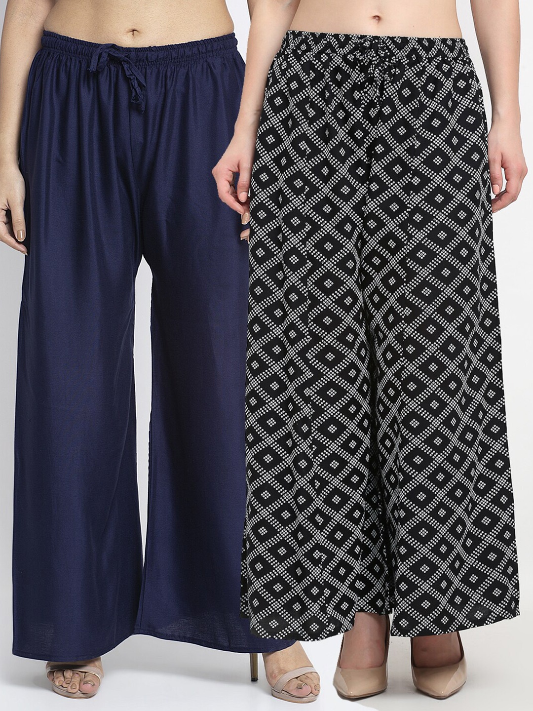 

Jinfo Women Navy Blue & Black Set Of 2 Printed Flared Knitted Palazzos
