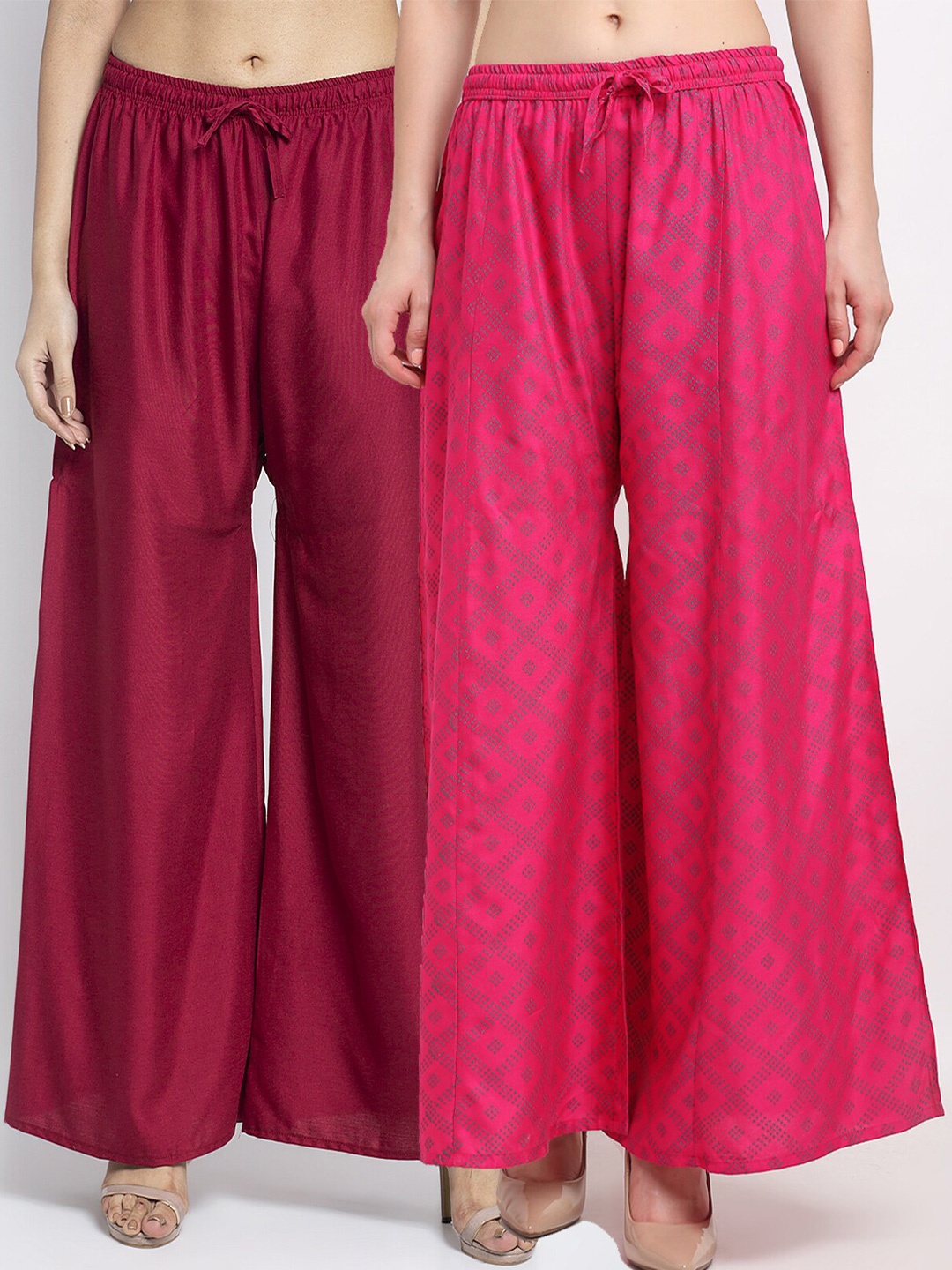 

Jinfo Women Pack Of 2 Maroon & Pink Printed Flared Knitted Ethnic Palazzos