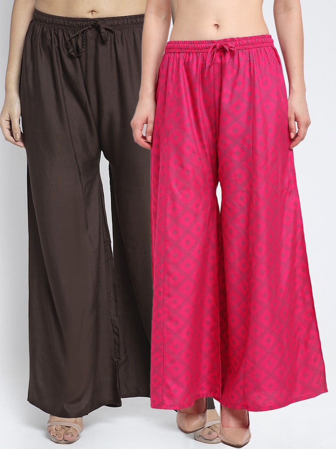 

Jinfo Women Pack Of 2 Brown & Pink Printed Flared Knitted Ethnic Palazzos