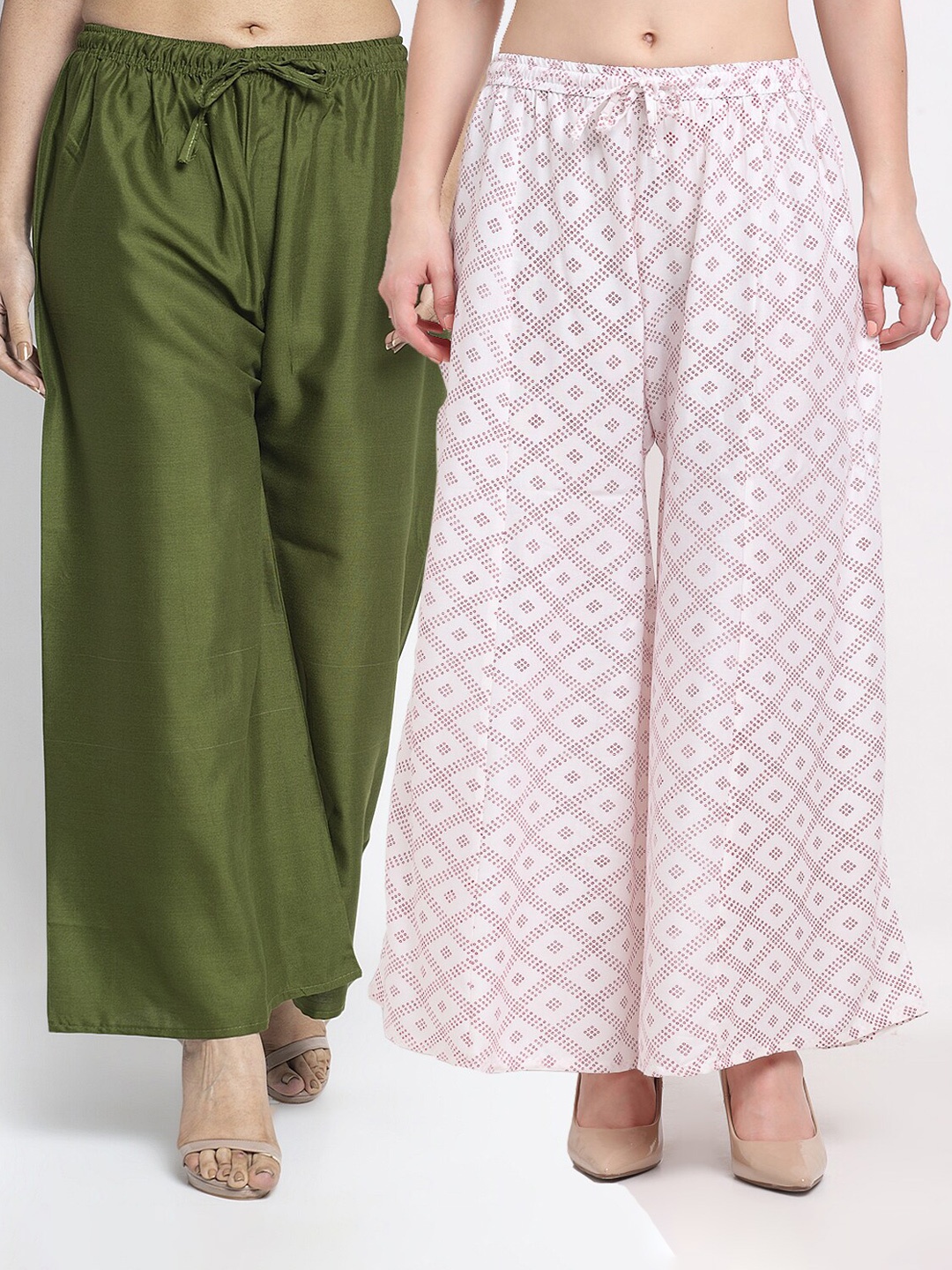 

Jinfo Women Pack of 2 Printed Flared Knitted Palazzos, Olive