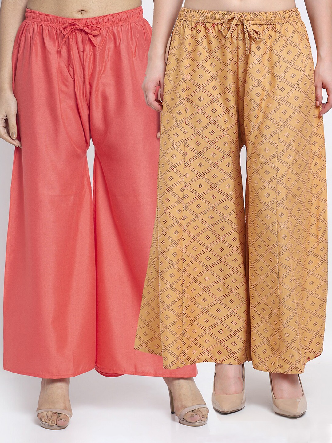 

Jinfo Women Pack Of 2 Orange & Beige Block Printed Palazzos