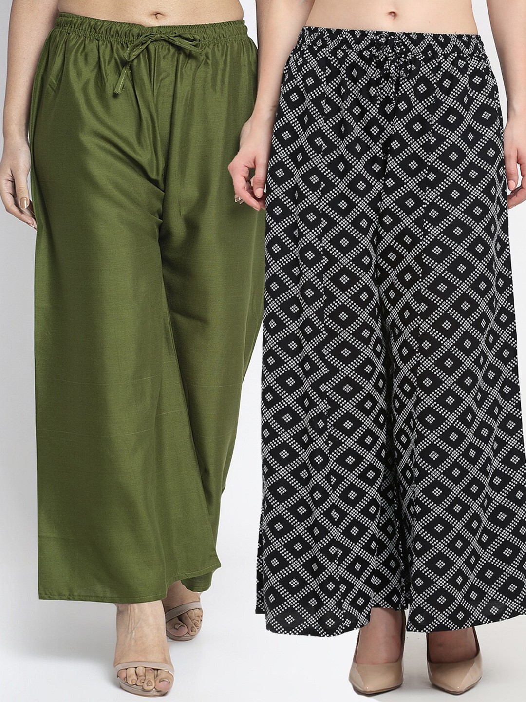 

Jinfo Women Pack of 2 Green & Black Printed Flared Knitted Palazzos