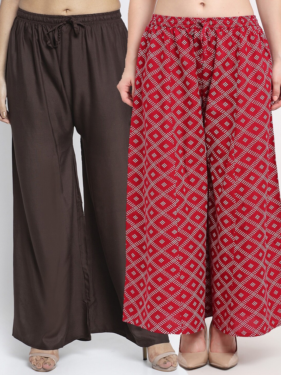 

Jinfo Women Pack of 2 Printed Flared Knitted Ethnic Palazzos, Brown