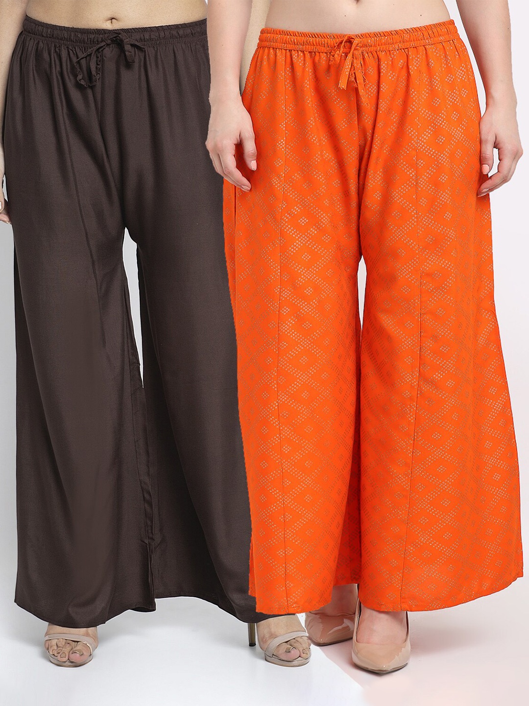 

Jinfo Women Pack of 2 Ethnic Motifs Printed Flared Knitted Ethnic Palazzos, Brown