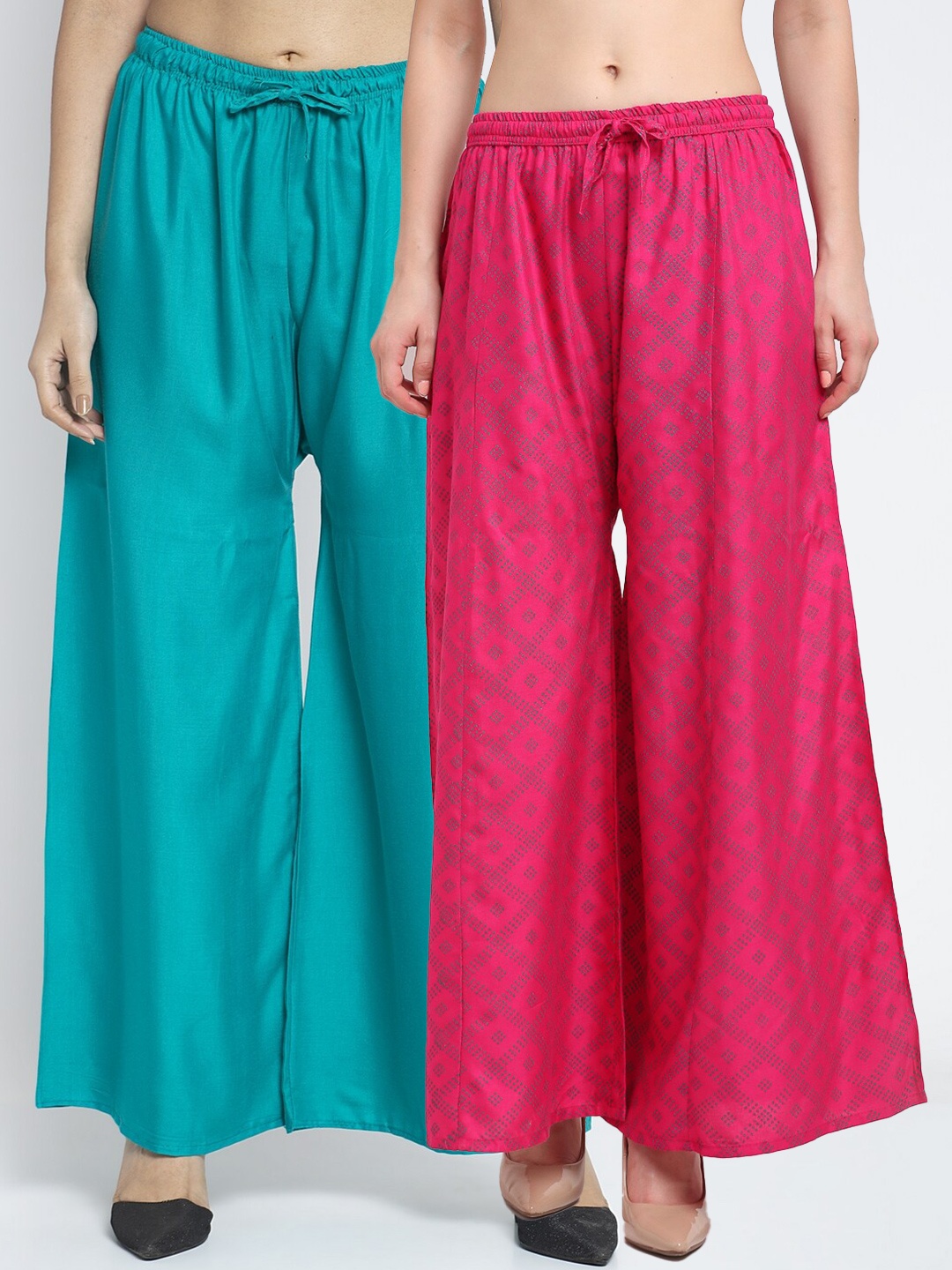 

Jinfo Women Pack of 2 Green & Pink Printed Flared Knitted Ethnic Palazzos
