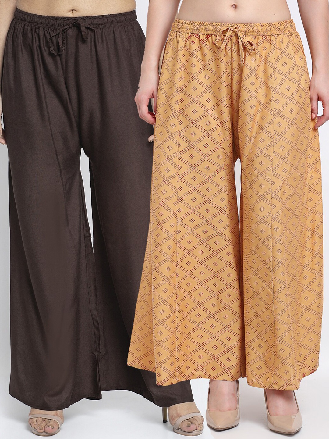 

Jinfo Women Pack Of 2 Brown & Beige Printed Flared Knitted Ethnic Palazzos