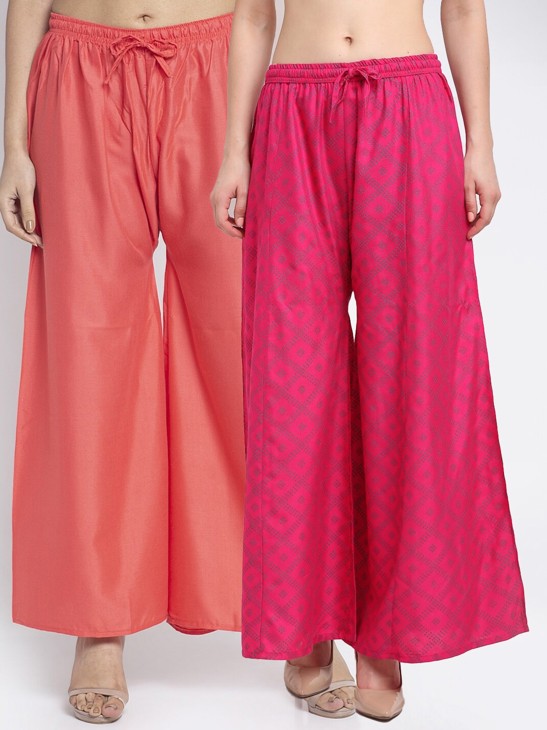

Jinfo Women Set Of 2 Orange & Pink Printed Flared Fit Palazzos