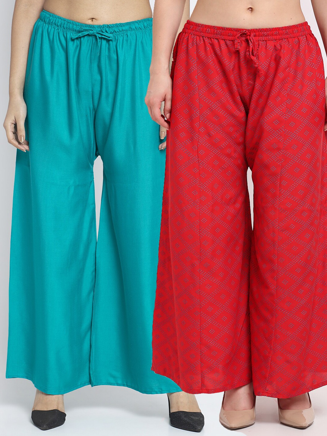 

Jinfo Women Turquoise Blue & Red Set of 2 Printed Flared Knitted Ethnic Palazzos