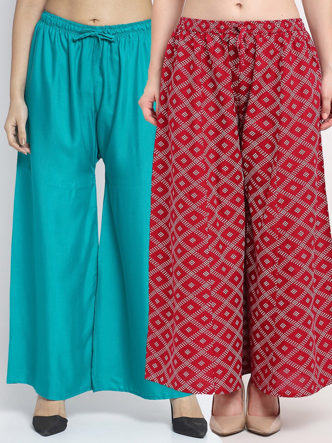 

Jinfo Women Pack of 2 Sea Green & Maroon Ethnic Palazzos
