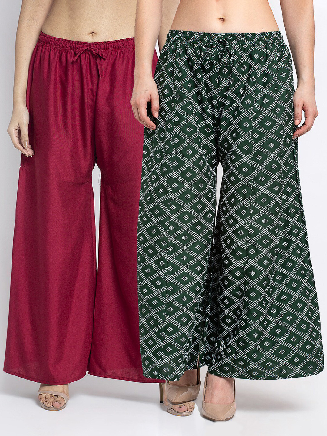 

Jinfo Women Pack Of 2 Maroon & Green Printed Flared Knitted Ethnic Palazzos