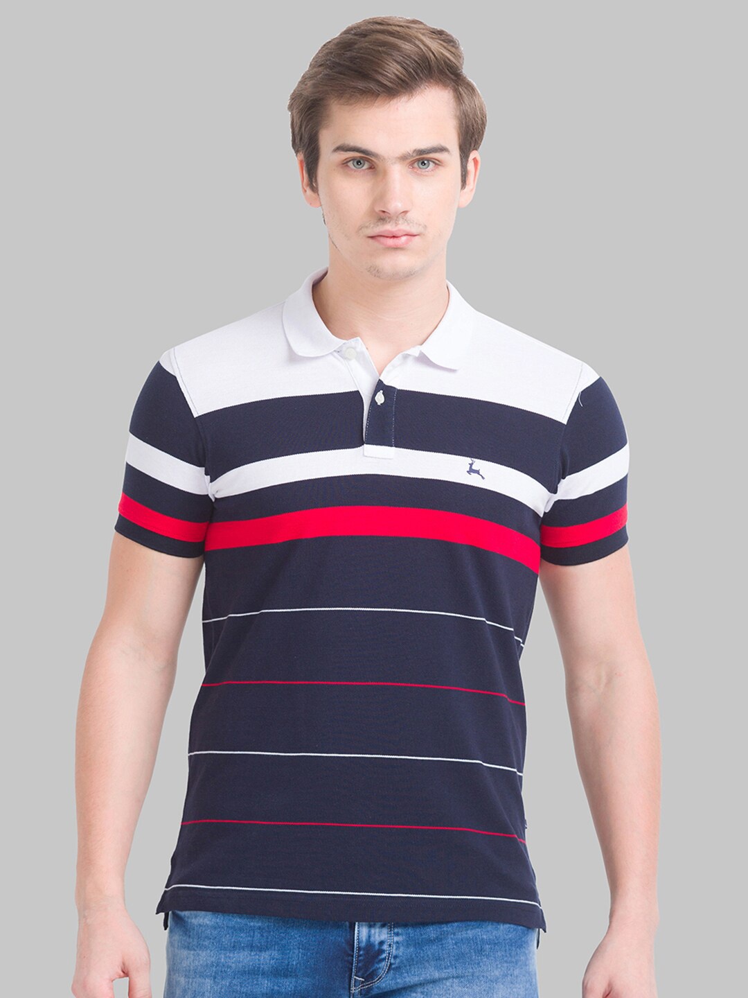 

Parx Men Blue & White Striped Polo Collar T-shirt