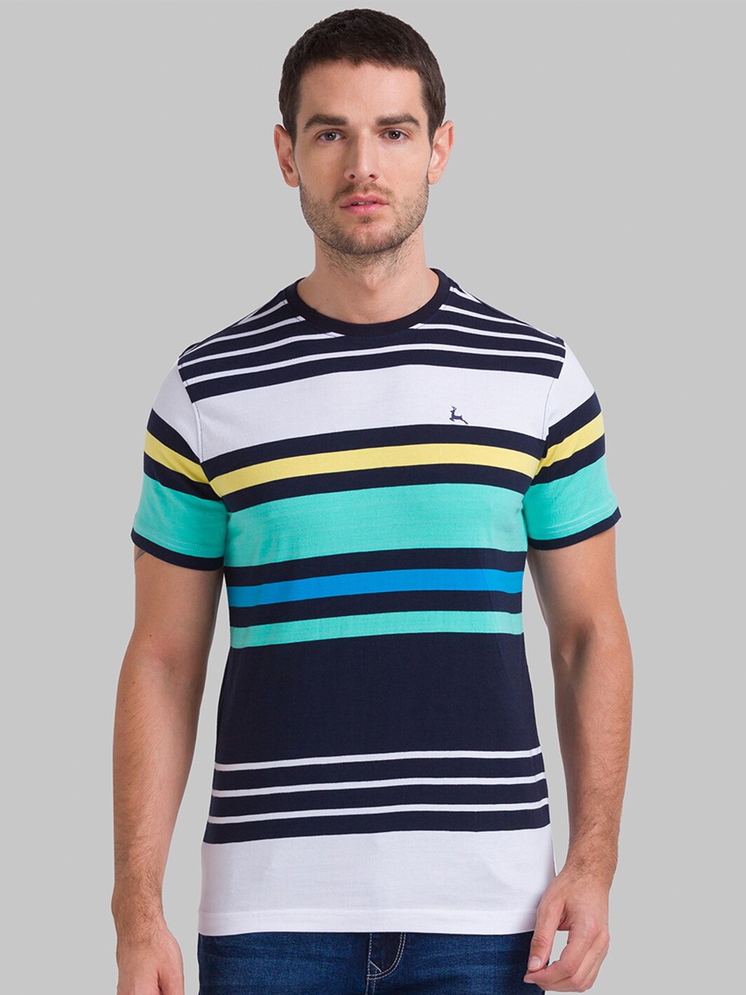 

Parx Men White & Green Striped Cotton T-shirt