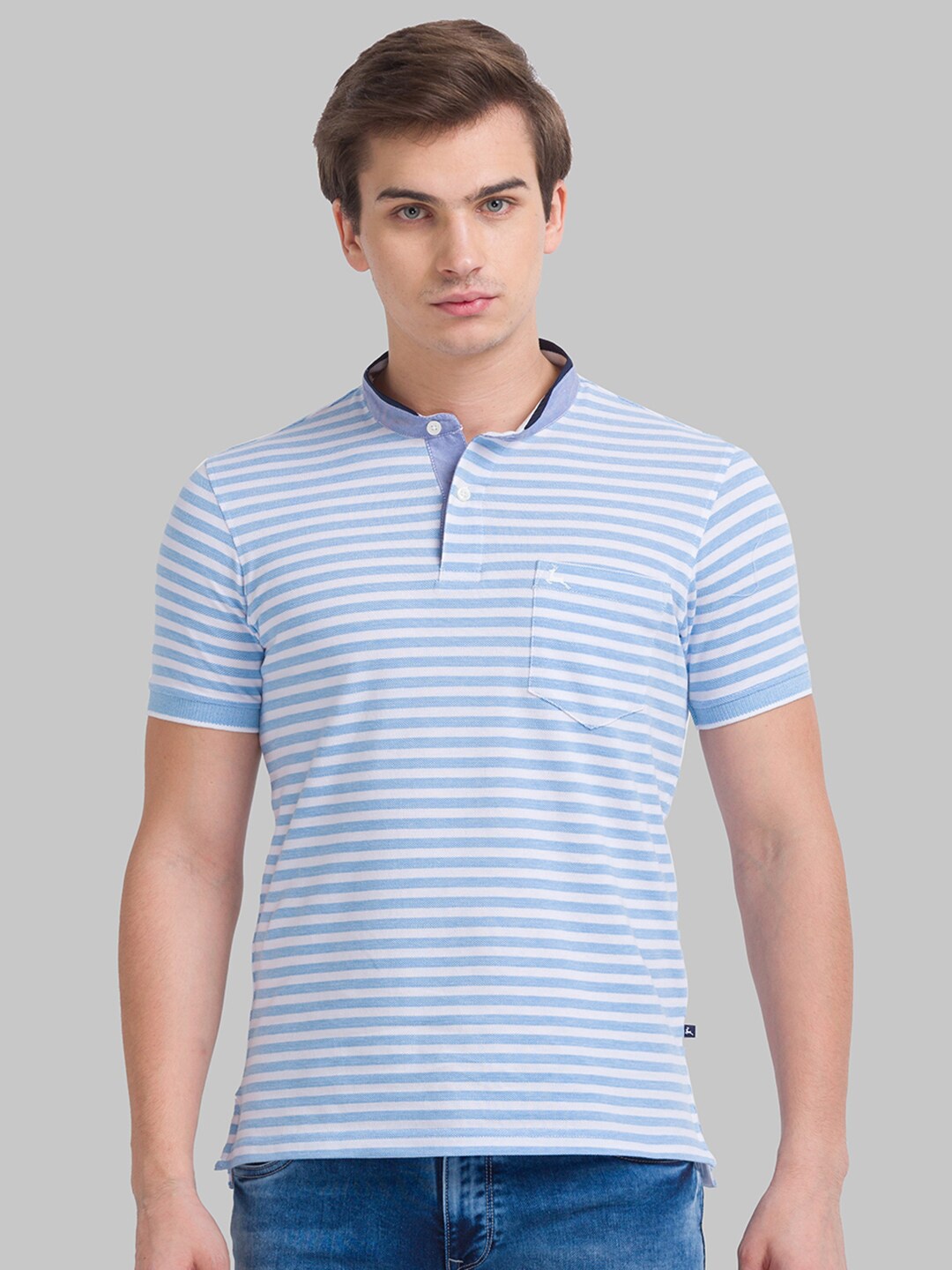 

Parx Men Blue & White Striped Mandarin Collar T-shirt