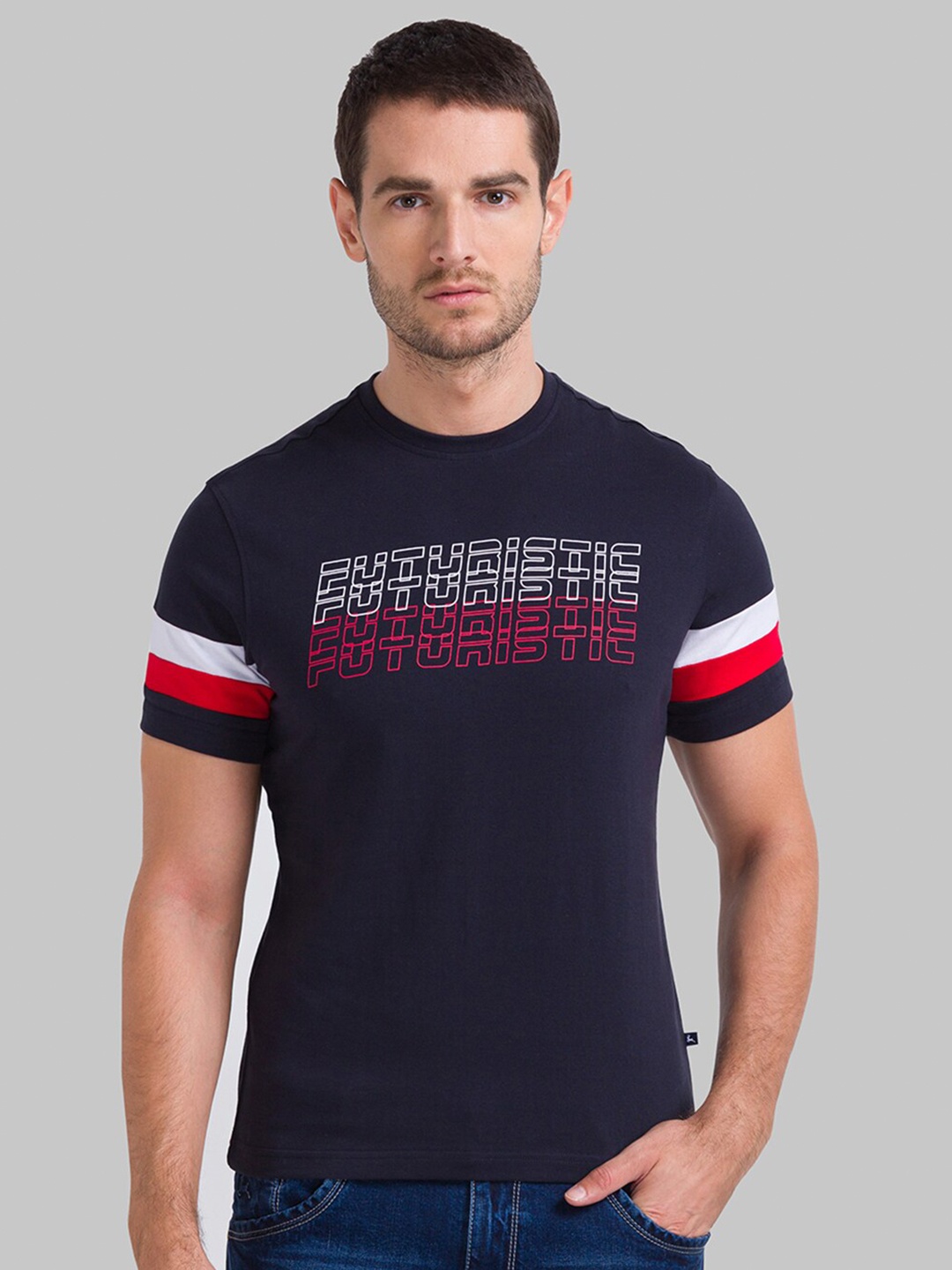 

Parx Men Navy Blue & White Printed Round Neck Cotton T-shirt