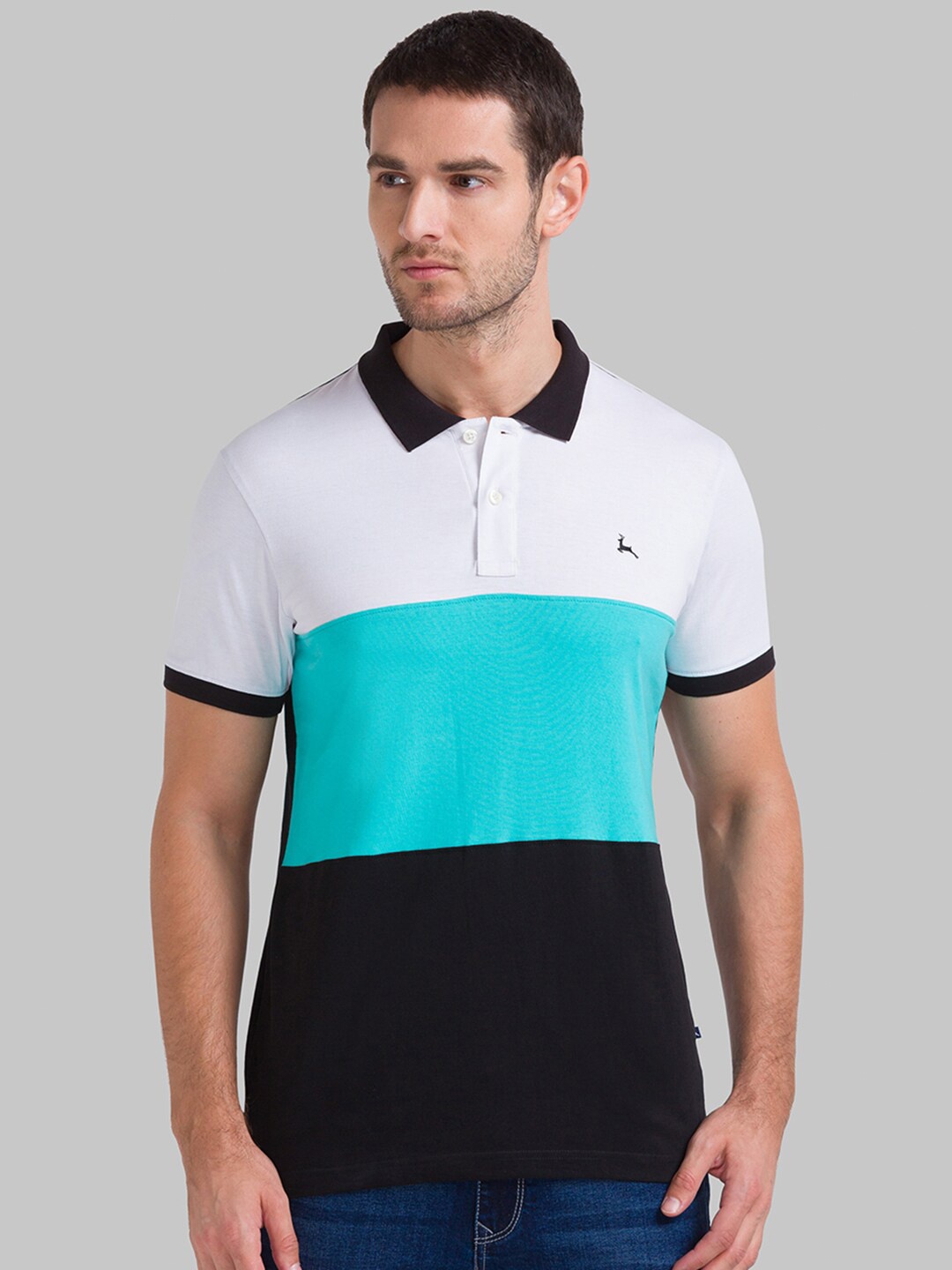 

Parx Men Black & Turquoise Blue Colourblocked Polo Collar T-shirt