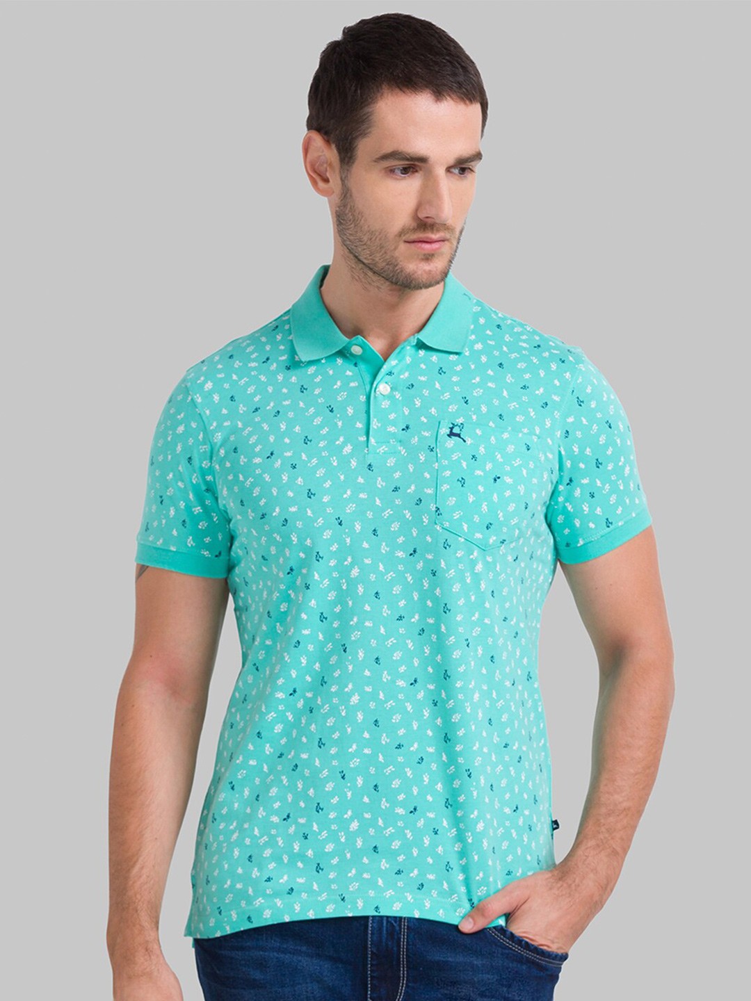 

Parx Men Sea Green Floral Printed Polo Collar Cotton T-shirt