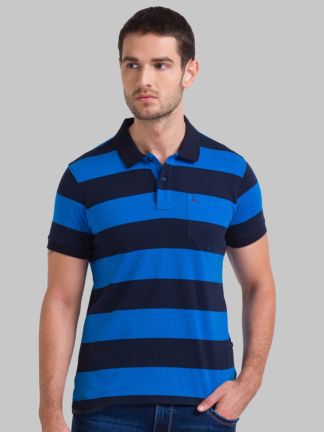 

Parx Men Navy Blue Striped Polo Collar Pockets T-shirt