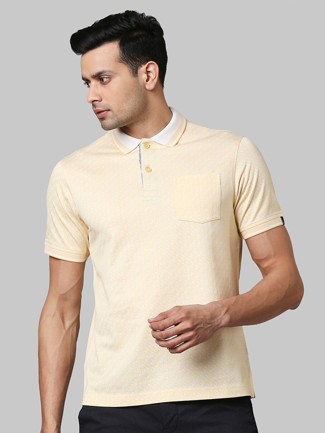 

Raymond Men Yellow & White Printed Polo Collar Cotton T-shirt