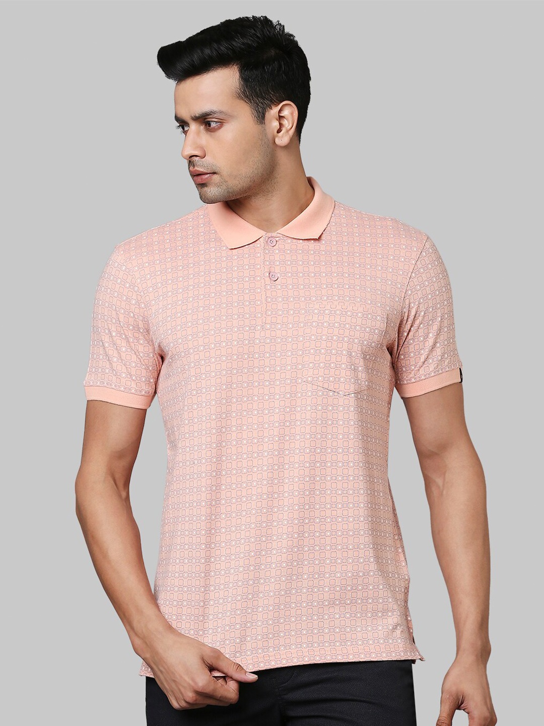 

Raymond Men Peach-Coloured & White Printed Polo Collar Cotton T-shirt