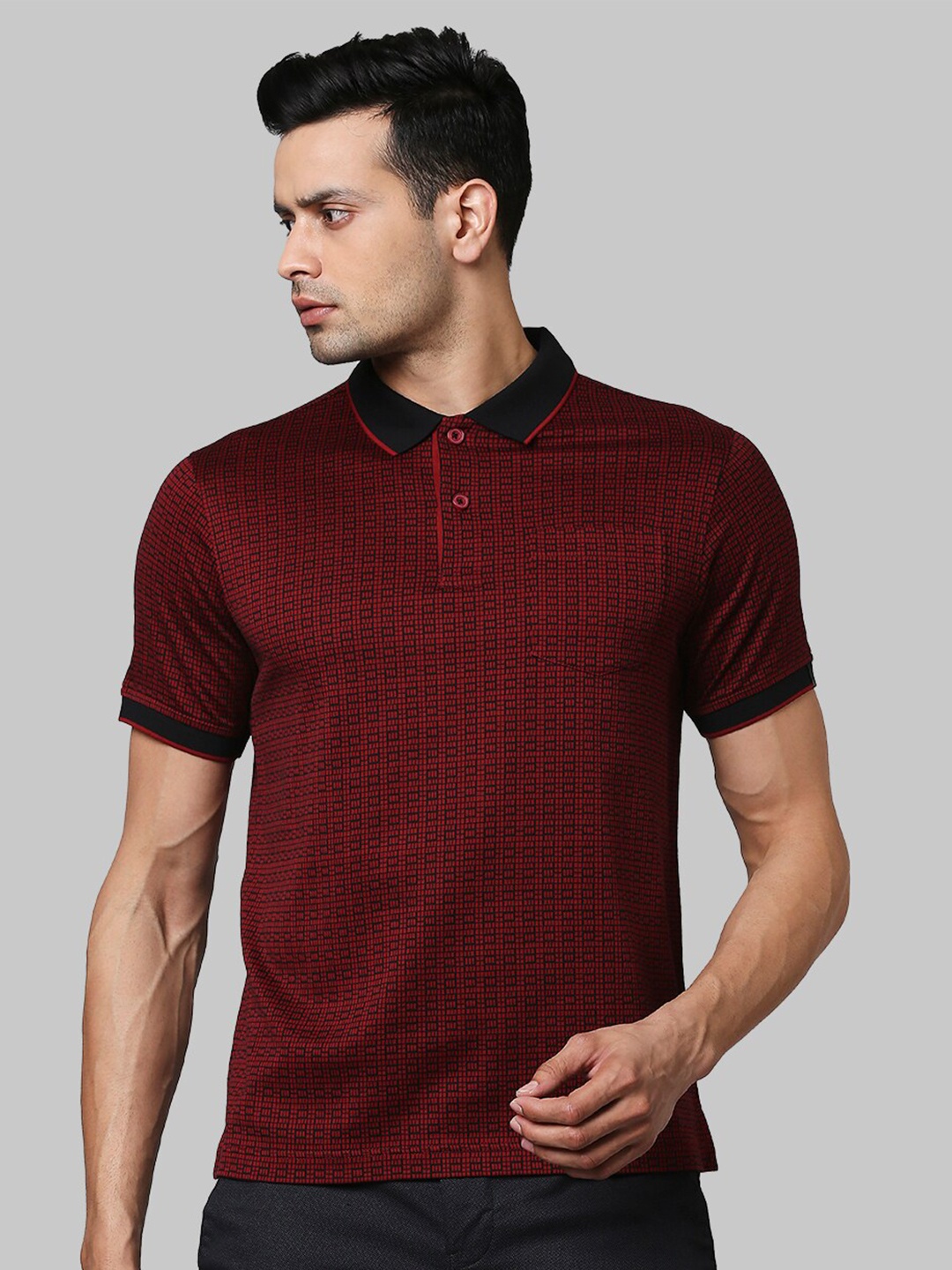 

Raymond Men Maroon Geometric Printed Cotton Polo Collar T-shirt