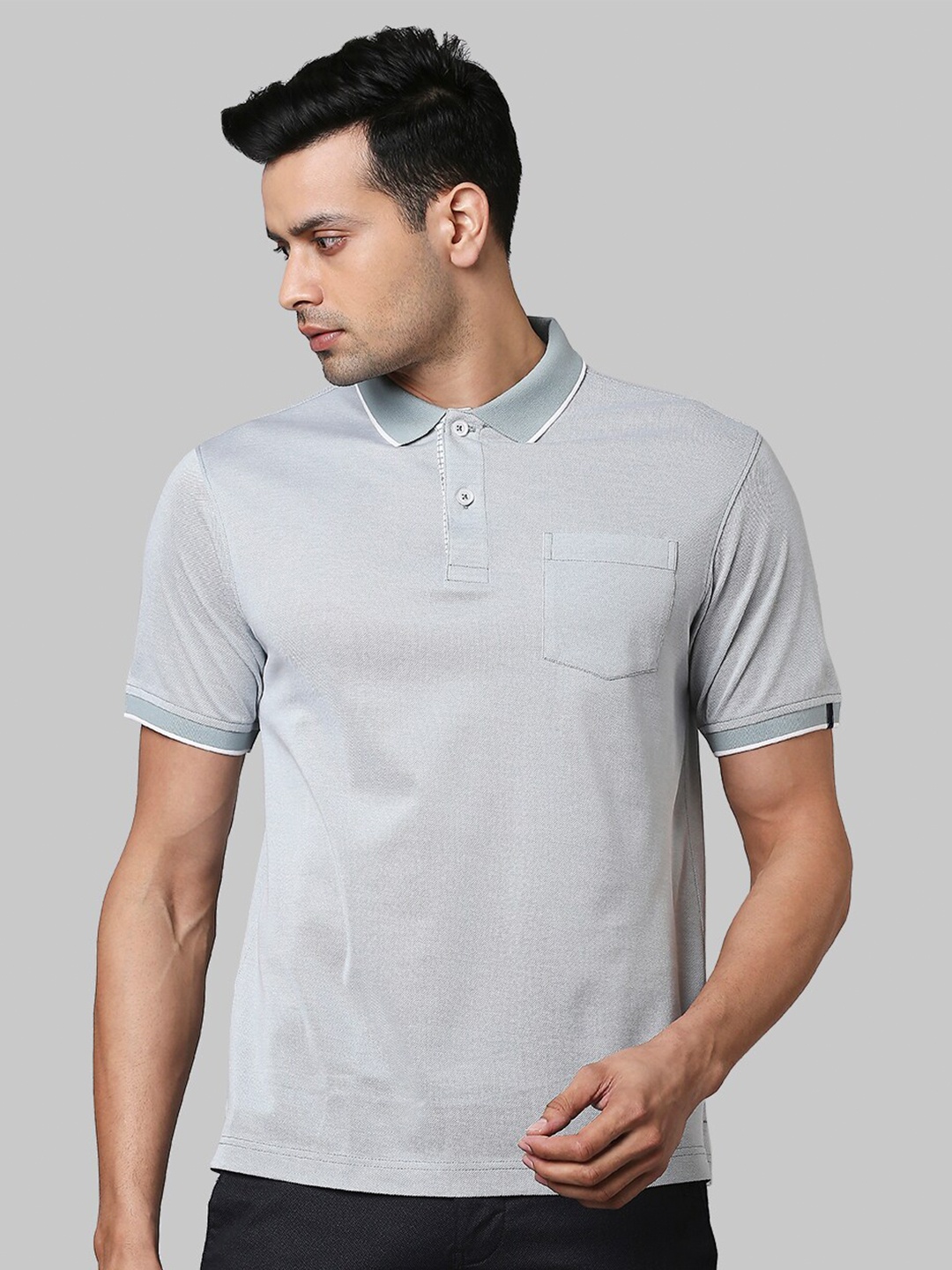 

Raymond Men Grey Solid Polo Collar Cotton T-shirt