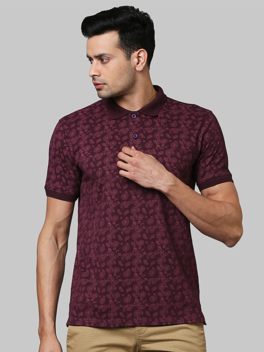 

Raymond Men Maroon Printed Polo Collar Cotton T-shirt
