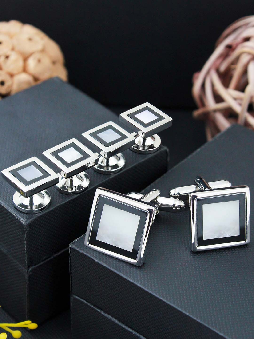 

PELUCHE Unisex Blue & Black Mother Of Pearl Studded Cufflink & Stud Gift Set