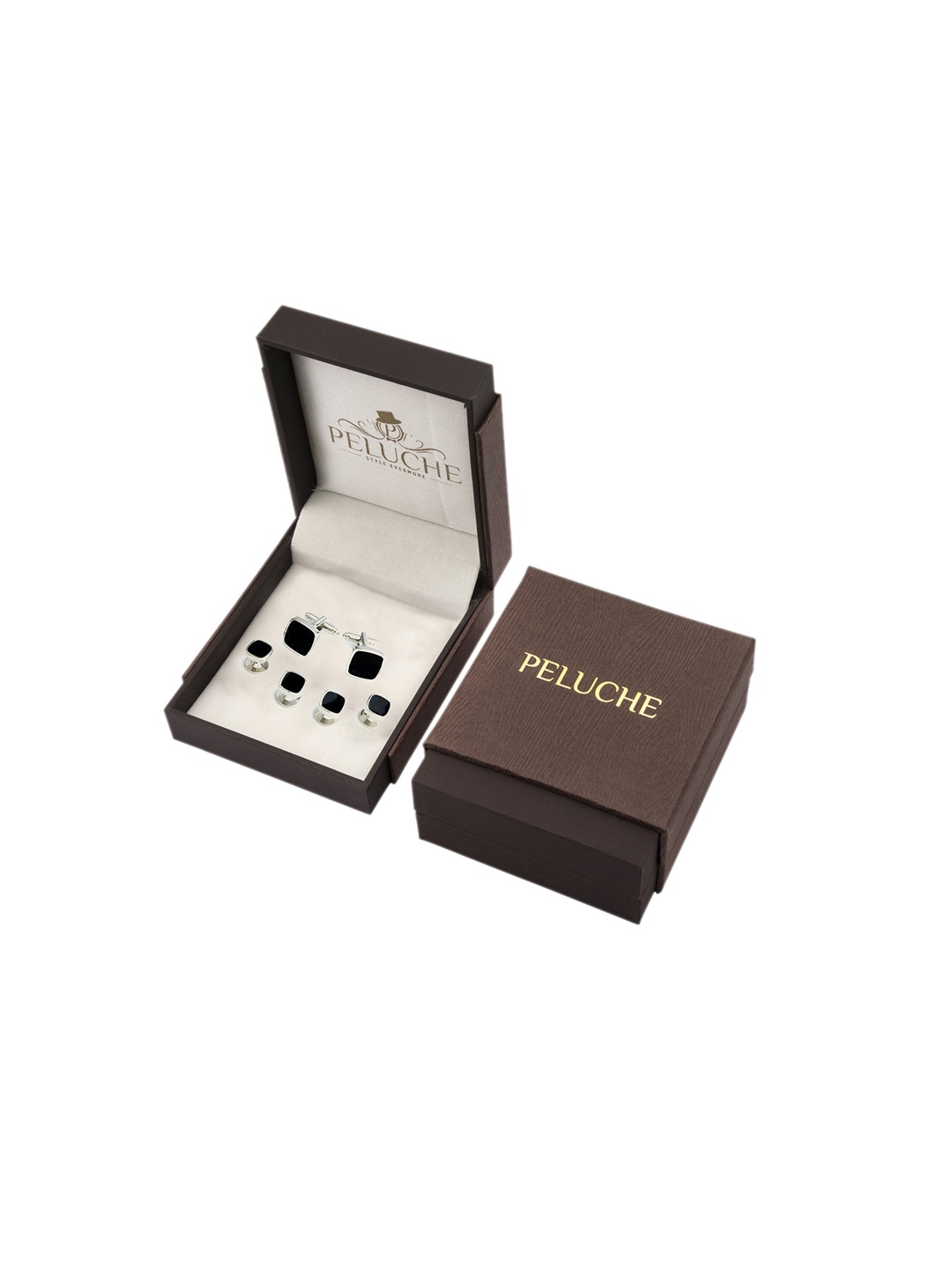 

PELUCHE Black & Silver-Toned Onyx Stone Studded Cufflink and Stud Gift Set